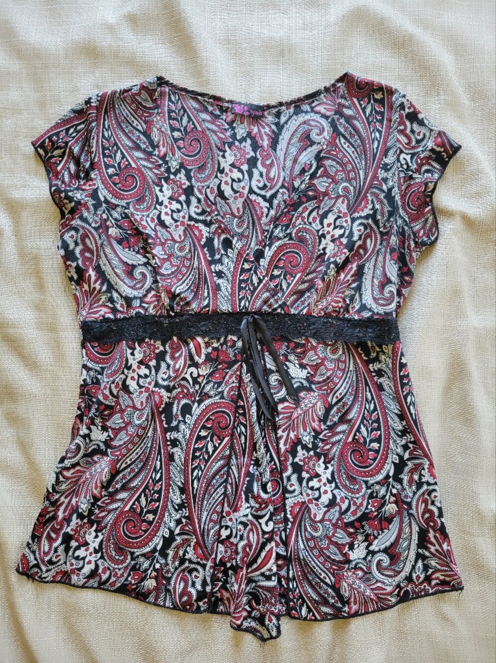 Agenda Black Red Paisley Imperial Waist Blouse Top